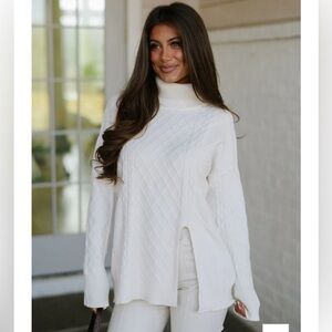 These Three Boutique Split Hem Turtle Neck Cream Sweater